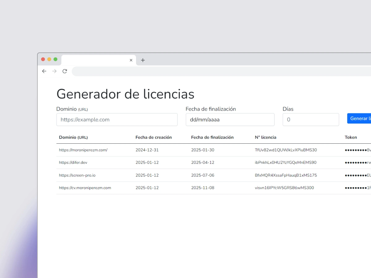 Captura de pantalla del proyecto Generador de licencias